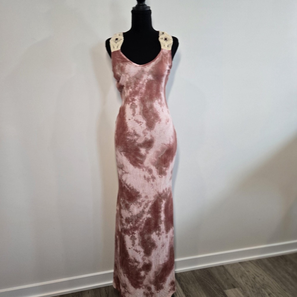 Venus Maxi Dress Womens Medium Mauve Excellent Tie Dye Macrame Straps Boho